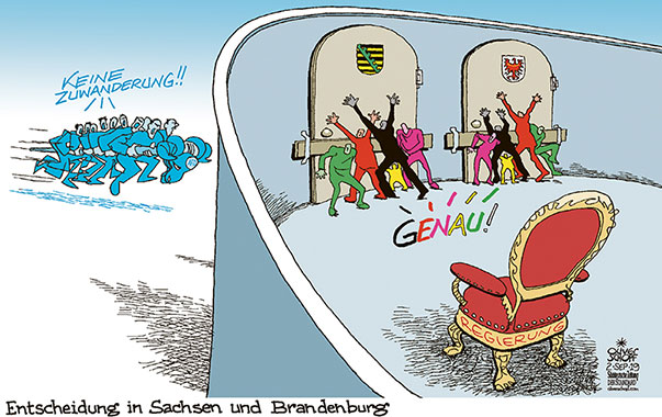  Oliver Schopf, politischer Karikaturist aus Österreich, politische Karikaturen, Illustrationen Archiv politische Karikatur Deutschland: 2019 LANDTAGSWAHLEN SACHSEN BRANDENBURG AFD REGIERUNG REGIERUNGSBETEILIGUNG ZUWANDERUNG IMMIGRATION MAUER TOR RIEGEL AUSGRENZEN   
 