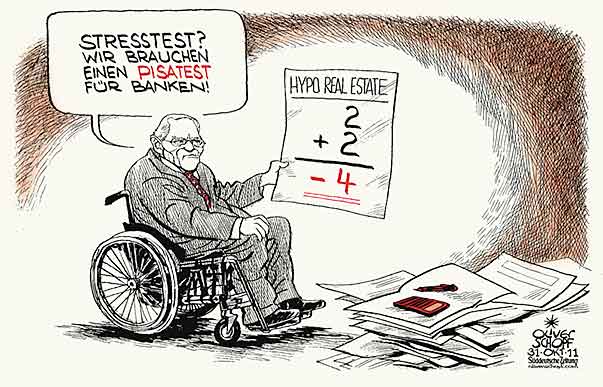  Oliver Schopf, politischer Karikaturist aus Österreich, politische Karikaturen, Illustrationen Archiv politische Karikatur Deutschland: 211  SCHÄUBLE HYPO REAL ESTATE RECHNEN MILLIARDEN PISA STUDIE PLUS MINUS 