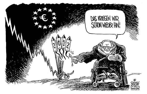 Oliver Schopf, politischer Karikaturist aus Österreich, politische Karikaturen aus Österreich, Karikatur Illustrationen Politik Politiker Deutschland 2012 schaeuble finanzminister euro krise boersenkurs silvester feuerwerk raketen