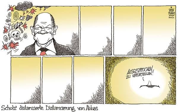 Oliver Schopf, politischer Karikaturist aus Österreich, politische Karikaturen aus Österreich, Karikatur Cartoon Illustrationen Politik Politiker Deutschland 2022: OLAF SCHOLZ ABBAS PALÄSTINA PRÄSIDENT BESUCH BUNDESKANZLERAMT BERLIN ISRAEL HOLOCAUST REAKTION MUND GESICHT  



