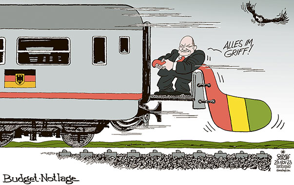 Oliver Schopf, politischer Karikaturist aus Österreich, politische Karikaturen aus Österreich, Karikatur Cartoon Illustrationen Politik Politiker Deutschland 2023: REGIERUNG KOALITION AMPEL SPD FDP DIE GRÜNEN ROT GELB GRÜN OLAF SCHOLZ REGIERUNGSERKLÄRUNG SCHULDENBREMSE BUDGET NOTLAGE EISENBAHNWAGGON RUDER RUDERN HERUMRUDERN ALLES IM GRIFF







