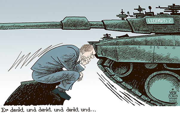 Oliver Schopf, politischer Karikaturist aus Österreich, politische Karikaturen aus Österreich, Karikatur Cartoon Illustrationen Politik Politiker Deutschland 2023: OLAF SCHOLZ LEOPARD 2 PANZER LIEFERUNG UKRAINE KRIEG DENKER RODIN ZAUDERN ZÖGERN BREMSEN ENTSCHEIDUNG




