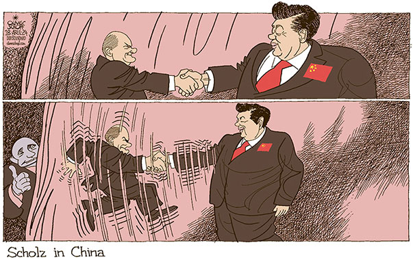 Oliver Schopf, politischer Karikaturist aus Österreich, politische Karikaturen aus Österreich, Karikatur Cartoon Illustrationen Politik Politiker Deutschland 2024: BUNDESKANZLER OLAF SCHOLZ CHINA BESUCH XI JINPING HÄNDE SCHÜTTELN PUTIN HANDEL HANDELSBEZIEHUNGEN WIRTSCHAFT 









