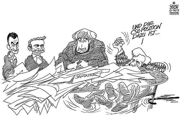 Oliver Schopf, politischer Karikaturist aus Österreich, politische Karikaturen aus Österreich, Karikatur Cartoon Illustrationen Politik Politiker Deutschland 2017 CSU SEEHOFER KRITIK SÄGEN STUHL JAMAIKA KOALITION VERHANDLUNGEN MERKEL LINDNER ÖZDEMIR 


