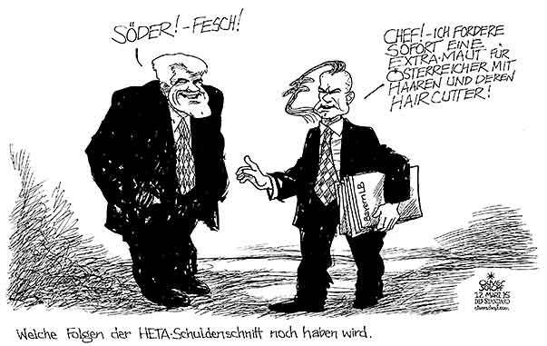  Oliver Schopf, politischer Karikaturist aus Österreich, politische Karikaturen, Illustrationen Archiv politische Karikatur Deutschland 2015 HYPO ALPE ADRIA HETA SEEHOFER MARKUS SOEDER BAYERN LB GLAEUBIGER SCHULDENSCHNITT HAIRCUT FRISUR HAARE GLATZE PKW MAUT

  
  