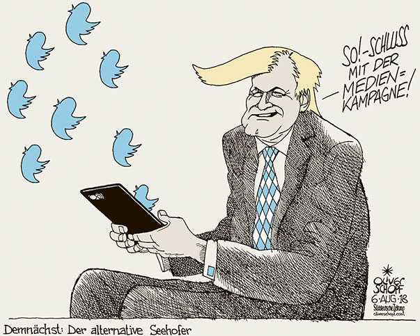  Oliver Schopf, politischer Karikaturist aus Österreich, politische Karikaturen, Illustrationen Archiv politische Karikatur Deutschland 2018 CSU HORST SEEHOFER TWITTER MEDIENKAMPAGNE FRISUR TRUMP ALTERNATIVE FAKTEN 

 