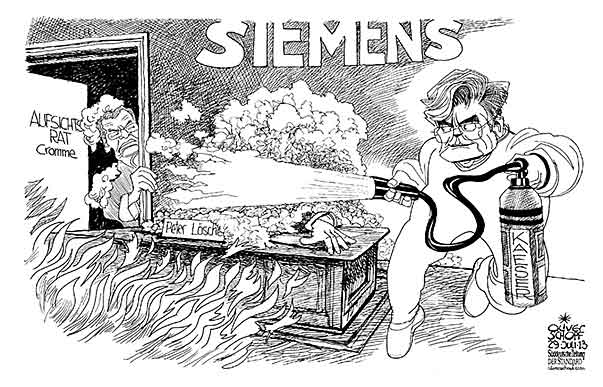  Oliver Schopf, politischer Karikaturist aus Österreich, politische Karikaturen, Illustrationen Archiv politische Karikatur Deutschland 2013 SIEMENS VORSTAND LOESCHER PETER KAESER CROMME FEUER BRAND FEUERLOESCHER 
  
  