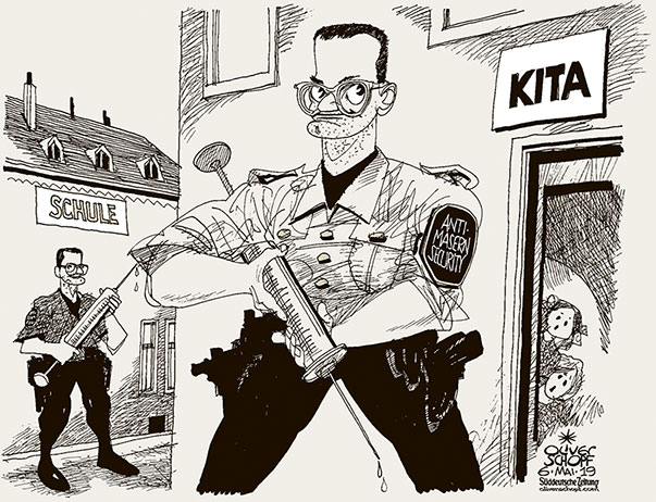 Oliver Schopf, politischer Karikaturist aus Österreich, politische Karikaturen aus Österreich, Karikatur Cartoon Illustrationen Politik Politiker Deutschland 2019 MASERN IMPFPFLICHT JENS SPAHN KINDER SCHULE KITA SICHERHEIT SECURITY GUARD SCHUTZ 
