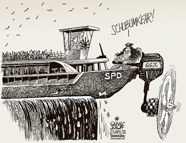 Oliver Schopf politische Karikatur: Deutschland - SPD: Andrea Nahles wird als erste Frau in der Geschichte der SPD mit 66 Prozent der Delegierten auf dem Parteitag in Wiesbaden zur Parteivorsitzenden gewählt.
Oliver Schopf, politischer Karikaturist aus Österreich, politische Karikaturen, Illustrationen Archiv politische Karikatur Deutschland
2018 SPD WAHL VORSITZ ANDREA NAHLES 66 PROZENT SCHIFF KAPITÄN WASSERFALL ABGRUND PROPELLER SCHUBUMKEHR