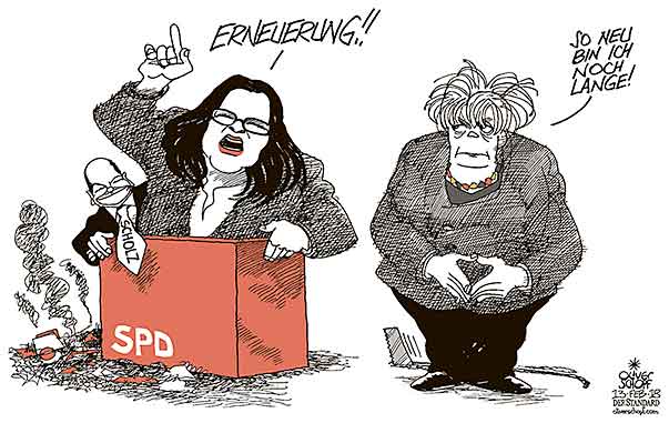 Oliver Schopf politische Karikatur: Deutschland - SPD: Bis zum außerordentlichen Parteitag am 22. April wird Hamburgs Erster Bürgermeister Olaf Scholz kommissarischer Parteichef. Andrea Nahles soll dann offiziell zur Parteivorsitzenden gewählt werden.
Oliver Schopf, politischer Karikaturist aus Österreich, politische Karikaturen, Illustrationen Archiv politische Karikatur Deutschland
2018 SPD ANDREA NAHLES OLAF SCHOLZ KOMMISSARISCHER PARTEIVORSITZENDER MERKEL SCHACHTEL ERNEUERUNG CHAOS SÄGE