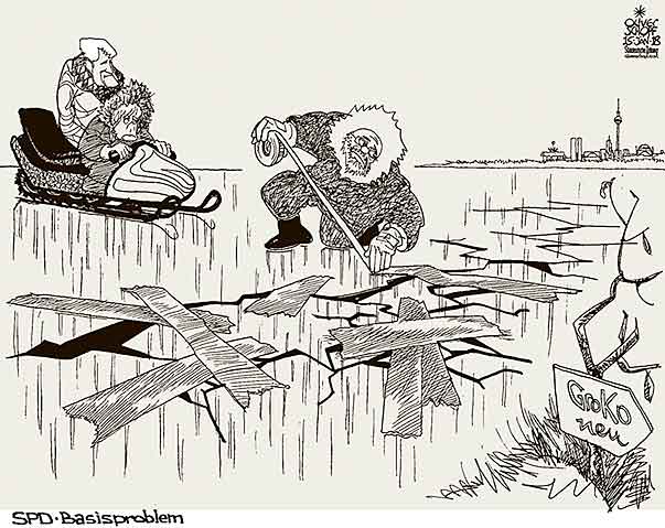 Oliver Schopf, politischer Karikaturist aus Österreich, politische Karikaturen aus Österreich, Karikatur Cartoon Illustrationen Politik Politiker Deutschland 2018 SPD PARTEITAG GROKO SONDIERUNGSGESPRÄCHE MERKEL SEEHOFER SCHULZ PARTEIBASIS EIS GEFROREN SEE RISSE SPALTEN KLEBEBAND MOTORSCHLITTEN


