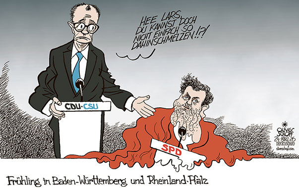 Oliver Schopf, politischer Karikaturist aus Österreich, politische Karikaturen aus Österreich, Karikatur Cartoon Illustrationen Politik Politiker Deutschland @oliverschopf.bsky.social 2026: LANDTAGSWAHLEN BADEN-WÜRTTEMBERG RHEINLAND-PFALZ SPD NIEDERLAGEN VERLUSTE KOALITION CDU CSU SPD FRIEDRICH MERZ LARS KLINGBEIL FRÜHLUNG SCHNEE SCHMELZE DAHINSCHMELZEN 




















