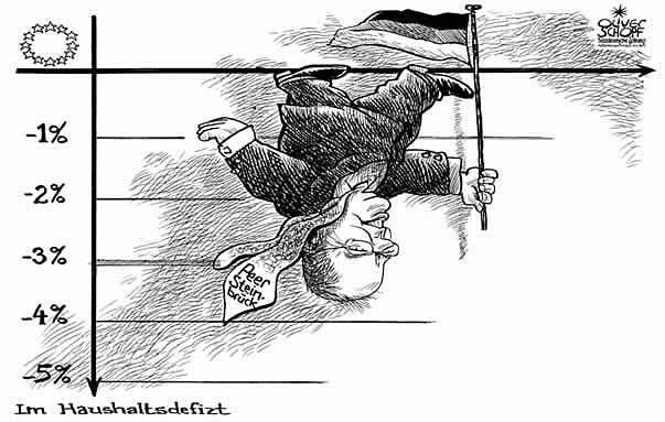  Oliver Schopf, politischer Karikaturist aus Österreich, politische Karikaturen aus Österreich, Karikatur Illustrationen politische Karikaturen Politik Politiker Deutschland 2009: im haushaltdefizit peer steinbrueck kopfstehend   maastricht kriterien, minus
  