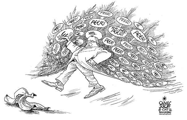 Oliver Schopf, politischer Karikaturist aus Österreich, politische Karikaturen aus Österreich, Karikatur Illustrationen Politik Politiker Deutschland 2012 STEINBRUECK PEER SPD KANZLERKANDIDAT NEBENEINKUENFTE PFAU RAD PFAUENAUGE EURO BANANENSCHALE AUSRUTSCHEN ABGEHOBEN
