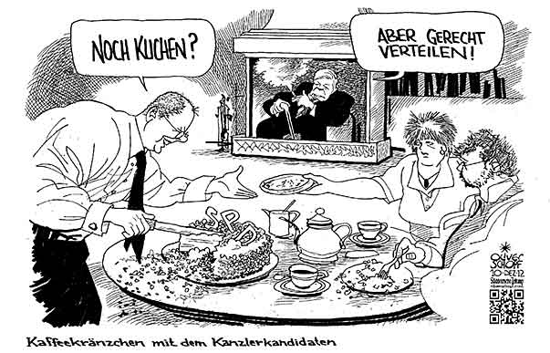 Oliver Schopf, politischer Karikaturist aus Österreich, politische Karikaturen, Illustrationen Archiv politische Karikatur Deutschland
2012 SPD STEINBRUECK PEER KANZLERKANDIDAT HANNOVER PARTEITAG SCHMIDT HELMUT WOHNZIMMERGESPRAECH KUCHEN KAFFEEKRAENZCHEN