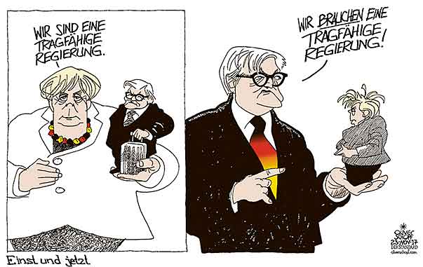  Oliver Schopf, politischer Karikaturist aus Österreich, politische Karikaturen, Illustrationen Archiv politische Karikatur Deutschland 2017 REGIERUNGSBILDUNG SCHEITERN JAMAIKA FRANK-WALTER STEINMEIER MERKEL TRAGFÄHIGE REGIERUNG KOALITION SCHICKSAL IN DER HAND  
