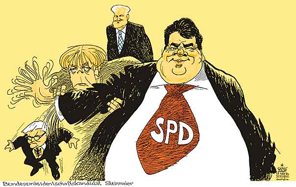  Oliver Schopf, politischer Karikaturist aus Österreich, politische Karikaturen, Illustrationen Archiv politische Karikatur Deutschland 2016  BUNDESPRÄSIDENTENWAHL KANDIDAT CDU CSU SPD FRANK WALTER STEINMEIER SIGMAR GABRIEL MERKEL SEEHOFER ÄRMEL SCHÜTTELN
