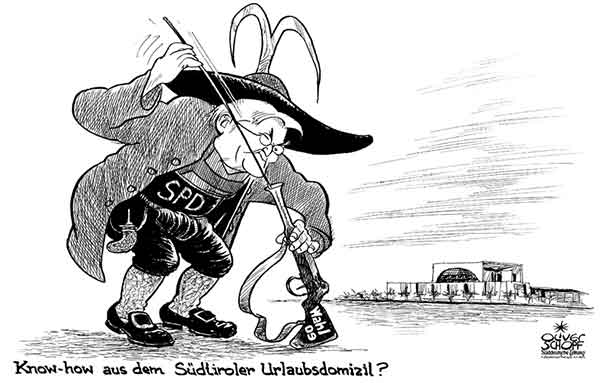Oliver Schopf, editorial cartoons from Austria, cartoonist from Austria, Austrian illustrations, illustrator from Austria, editorial cartoon Germany 2009:  elections 2009 steinmeier spd wearing tyrolian style cleaning gun preparing for elections in his holidays in austria tyrol