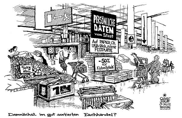  Oliver Schopf, politischer Karikaturist aus Österreich, politische Karikaturen, Illustrationen Archiv politische Karikatur Deutschland 2012 MELDEGESETZ PERSOENLICHE DATEN EINWOHNERAMT VERKAUF SUPERMARKT GESCHAEFT WAREN EINKAUFSWAGEN
 