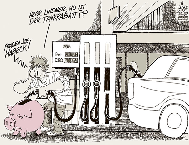 Oliver Schopf, politischer Karikaturist aus Österreich, politische Karikaturen aus Österreich, Karikatur Cartoon Illustrationen Politik Politiker Süddeutsche Zeitung, Meinung, Seite 4, Deutschland 2022: 
TANKRABATT CHRISTIAN LINDNER ROBERT HABECK TANKSTELLE TANKEN ZAPFSÄULE PREIS SPAREN SPARSCHWEIN KONSUMENT KONSUMENTIN BÜRGER BÜRGERIN 



