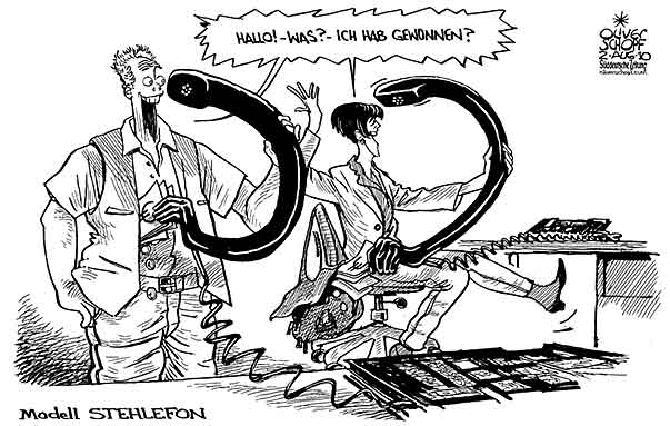 Oliver Schopf, politischer Karikaturist aus Österreich, politische Karikaturen aus Österreich, Karikatur Illustrationen Politik Politiker Deutschland 2010: telefon betrug hoerer  telefonieren apparat gewinnspiel stehlen




