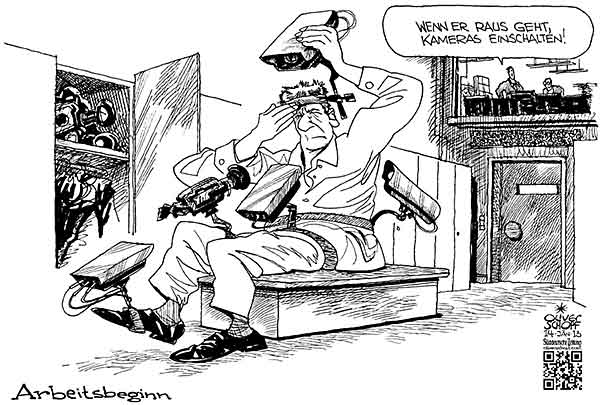 Oliver Schopf, politischer Karikaturist aus Österreich, politische Karikaturen aus Österreich, Karikatur Illustrationen Politik Politiker Europa 2013 VIDEO UEBERWACHGUNG ARBEITSPLATZ HEIMLICH OFFEN GARDEROBE ARBEITSBEGINN