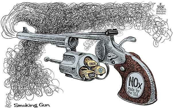 Oliver Schopf, editorial cartoons from Austria, cartoonist from Austria, Austrian illustrations, illustrator from Austria, editorial cartoon politics politician Germany, Cartoon Arts International, New York Times Syndicate, Cagle cartoon 2017  VOLKSWAGEN PORSCHE AUDI SMOKING GUN DIESEL NITROGEN OXIDE COLT CARTRIDGE EMISSIONS SMOKE
 