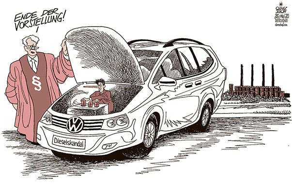  Oliver Schopf, politischer Karikaturist aus Österreich, politische Karikaturen, Illustrationen Archiv politische Karikatur Deutschland Autoindustrie 2018
: VOLKSWAGEN VW DIESEL SKANDAL BUNDESGERICHTSHOF URTEIL TÄUSCHUNG ARGLISTIG MOTORHAUBE TRICK HÜTCHENSPIEL LANGEN NASE LÜGE    
