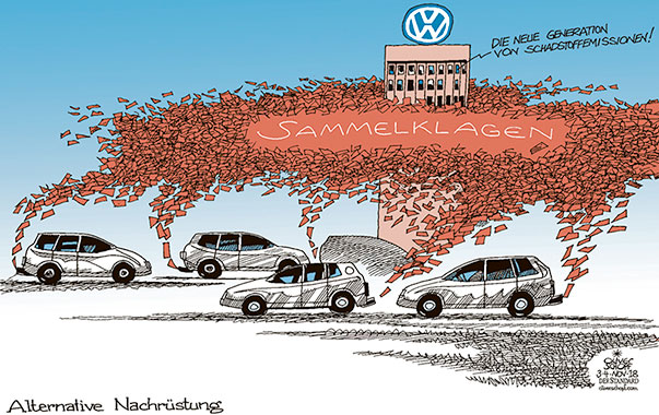 Oliver Schopf, politischer Karikaturist aus Österreich, politische Karikaturen aus Österreich, Karikatur Cartoon Illustrationen Politik Politiker Deutschland 2018 VW ZENTRALE WOLFSBURG DIESEL STICKOXIDE SCHADSTOFFEMISSIONEN NACHRÜSTUNG ABGASSKANDAL SAMMELKLAGEN 
