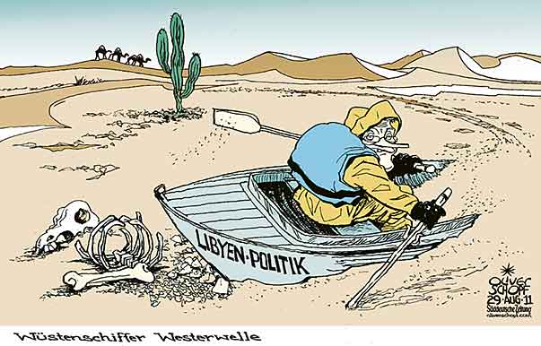 Oliver Schopf, politischer Karikaturist aus Österreich, politische Karikaturen aus Österreich, Karikatur Illustrationen Politik Politiker Deutschland 2011 guido westerwelle fdp libyen wueste rudern boot sand wuestenschiff sahara




















