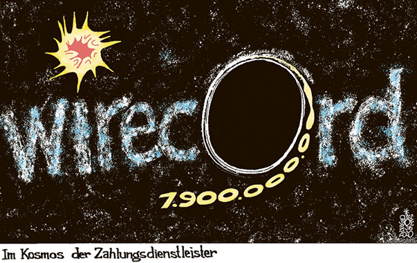 Oliver Schopf, politischer Karikaturist aus Österreich, politische Karikaturen aus Österreich, Karikatur Cartoon Illustrationen Politik Politiker Deutschland 2020: WIRECARD ZAHLUNGSDIENSTLEISTER INSOLVENZ 1,9 MILLIARDEN EURO VERLUST SCHWARZES LOCH EREIGNISHORIZONT KOSMOS SUPERNOVA 
  