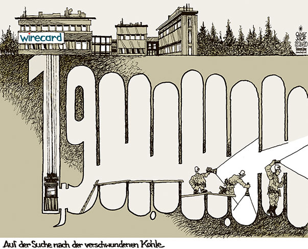  Oliver Schopf, politischer Karikaturist aus Österreich, politische Karikaturen aus Österreich, Karikatur Cartoon Illustrationen Politik Politiker Deutschland Süddeutsche Zeitung Seite 4, 22. Juni 2020:  WIRECARD ZAHLUNGSDIENSTLEISTER INSOLVENZ 1,9 MILLIARDEN WIRTSCHAFTSPRÜFER  BERGBAU STOLLEN TUNNEL GELD KOHLE LEERE DURCHLEUCHTEN KUMPEL   