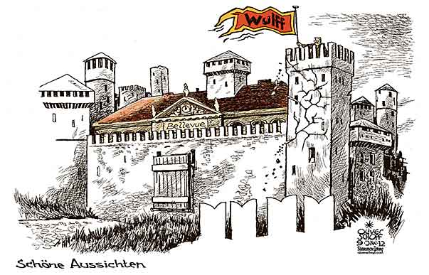  Oliver Schopf, politischer Karikaturist aus Österreich, politische Karikaturen, Illustrationen Archiv politische Karikatur Deutschland 2012  WULFF BUNDESPRAESIDENT SCHLOSS BELLEVUE BURG MAUER MAUERN 
