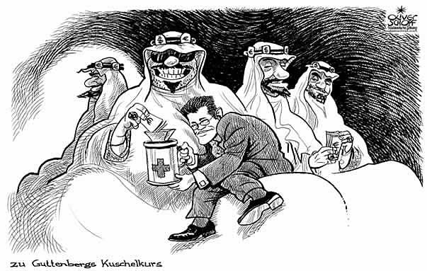  Oliver Schopf, politischer Karikaturist aus Österreich, politische Karikaturen aus Österreich, Karikatur Illustrationen politische Karikaturen Politik Politiker Deutschland 2009  karl-theodor zu guttenberg kuschelkurs, scheich, geld, spende, kuschelkurs
  