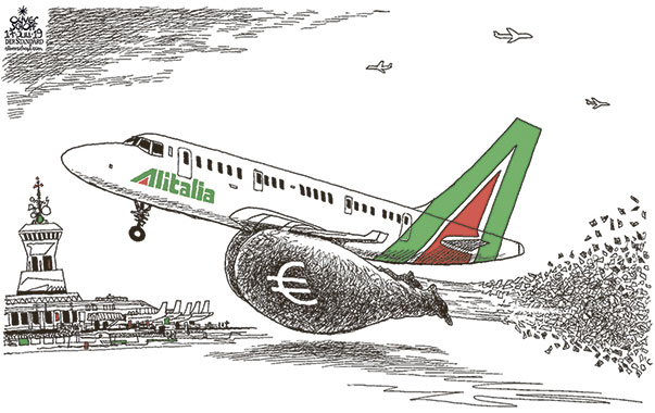 Oliver Schopf, politischer Karikaturist aus Österreich, politische Karikaturen aus Österreich, Karikatur Illustrationen Politik Politiker Europa 2019 ITALIEN ALITALIA FLUGLINIE GELD EURO HILFE INSOLVENT NEUSTART TRIEBWERK RETTUNG 

 



   