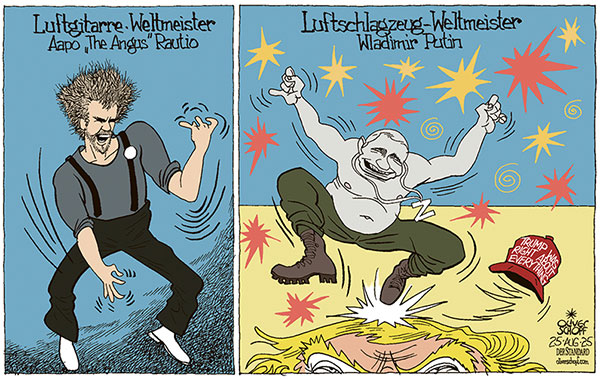 Oliver Schopf, politischer Karikaturist aus Österreich, politische Karikaturen aus Österreich, Karikatur Cartoon Illustrationen Politik Politiker Europa @oliverschopf.bsky.social 2025: AAPO THE ANGUS RAUTIO LUFTGITARRE WELTMEISTER PUTIN LUFT SCHLAGZEUG TRUMP TROMMELN DRUMS










 




