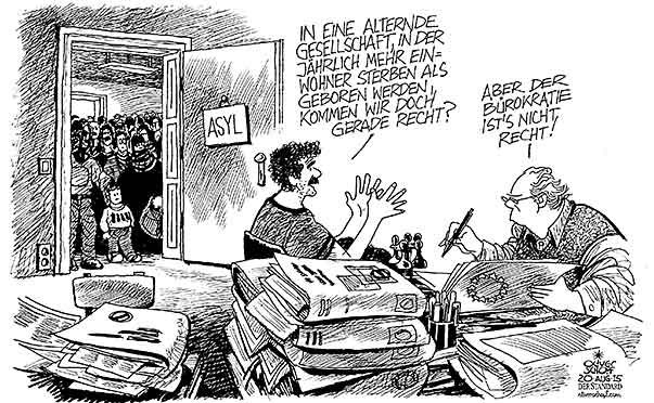  Oliver Schopf, politischer Karikaturist aus Österreich, politische Karikaturen, Illustrationen Archiv politische Karikatur Europa Asyl und Flüchtlinge 2015 ASYL ANTRAG STELLEN FLUECHTLINGE IMMIGRANTEN EINWANDERER BUEROKRATIE AUFNAHME BUERO ALTERNDE GESELLSCHAFT





