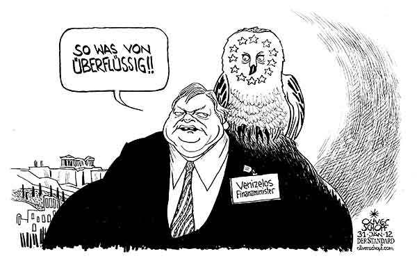 Oliver Schopf, editorial cartoons from Austria, cartoonist from Austria, Austrian illustrations, illustrator from Austria, editorial cartoon politics politician Europe 2012 
GREECE ATHENS EURO EU EVANGELOS VENIZELOS OWL MINISTER FINANCE 


