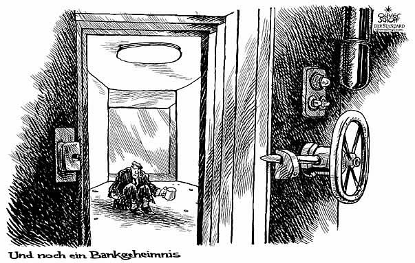  Oliver Schopf, politischer Karikaturist aus Österreich, politische Karikaturen aus Österreich, Karikatur Illustrationen Europa 2009: und noch ein bank geheimnis - saferaum leer nur einbettler drin. 
eu europäische union Bankgeheimnis, tresor, leer, bettler, kein geld


   