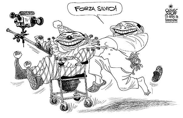Oliver Schopf, politischer Karikaturist aus Österreich, politische Karikaturen aus Österreich, Karikatur Cartoon Illustrationen Politik Politiker Europa 2014: ITALIEN BERLUSCONI SOZIALDIENST PFLEGER FORZA ITALIA HARLEKIN LEIBSTUHL PFLEGEFALL TV KAMERA


