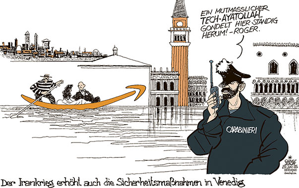 Oliver Schopf, politischer Karikaturist aus Österreich, politische Karikaturen aus Österreich, Karikatur Cartoon Illustrationen Politik Politiker Europa @oliverschopf.bsky.social 2025: JEFF BEZO AMAZON HOCHZEIT VENEDIG GONDEL MARKUSPLATZ DOGENPALAST SICHERHEIT CARABINIERI IRAN KRIEG 









 



