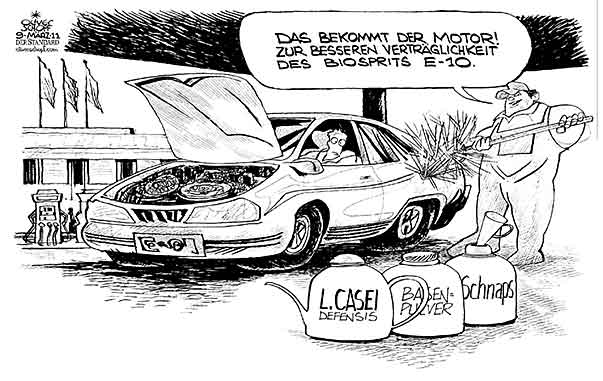  Oliver Schopf, politischer Karikaturist aus Österreich, politische Karikaturen, Illustrationen Archiv politische Karikatur Europa diverse Themen
2011 eu biosprit E-10 tanken tankstelle ethanol motor vertraeglichkeit basenpulver l.casei




