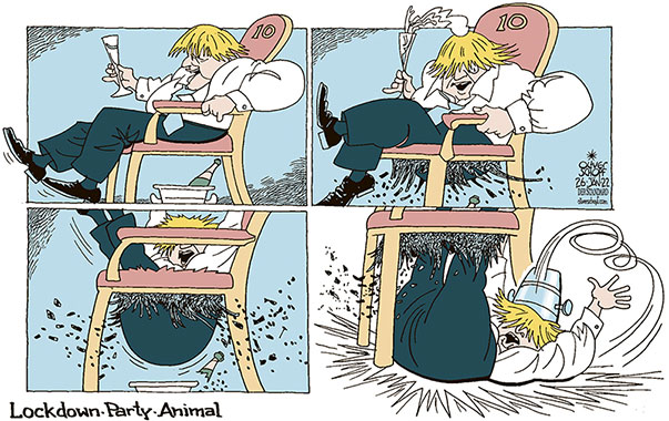 Oliver Schopf, politischer Karikaturist aus Österreich, politische Karikaturen aus Österreich, Karikatur Cartoon Illustrationen Politik Politiker Europa, 2022: GROSSBRITANNIEN PREMIERMINISTER BORIS JOHNSON CORONA VIRUS PANDEMIE LOCKDOWN PARTY PARTYGATE PARTY ANIMAL PARTYLÖWE UNTERSUCHUNGEN ERMITTLUNGEN POLIZEI 10 DOWNING STREET AMTSSITZ STUHL

