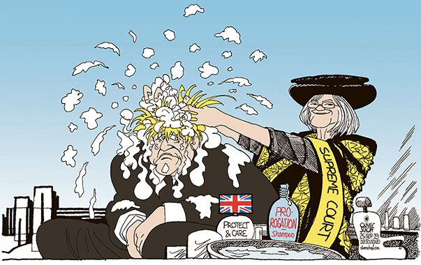  Oliver Schopf, politischer Karikaturist aus Österreich, politische Karikaturen, Illustrationen Archiv politische Karikatur Europa Great Britain UK England Schottland Irland 2019 GROSSBRITANNIEN BREXIT BORIS JOHNSON BOJO PARLAMENTSPAUSE PROROGATION OBERSTES GERICHT URTEIL BARONESS BRENDA HALE FRISEUR KOPFWÄSCHE SHAMPOO NIEDERLAGE

