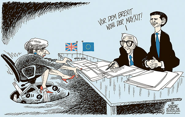  Oliver Schopf, politischer Karikaturist aus Österreich, politische Karikaturen, Illustrationen Archiv politische Karikatur Europa Great Britain UK England Schottland Irland Brexit 2018 SOFT BREXIT EU GROSSBRITANNIEN THERESA MAY JEAN CLAUDE JUNCKER SEBASTIAN KURZ VERHANDLUNGEN STUHL SÄGEN RÜCKTRITT JOHNSON

