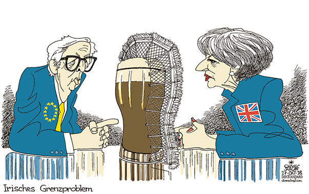 Oliver Schopf politische Karikatur: Der Brexit und das irische Grenzproblem
Oliver Schopf, politischer Karikaturist aus Österreich, politische Karikaturen aus Österreich, Karikatur Cartoon Illustrationen Politik Politiker Europa 2018 BREXIT EU GROSSBRITANNIEN JUNCKER THERESA MAY GRENZE IRLAND NORDIRLAND BIER GUINESS ZAUN
