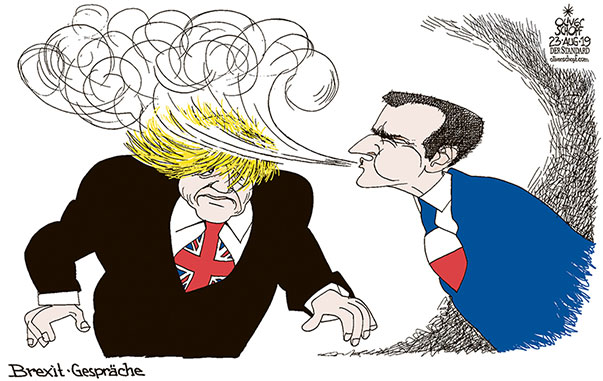 Oliver Schopf, politischer Karikaturist aus Österreich, politische Karikaturen aus Österreich, Karikatur Cartoon Illustrationen Politik Politiker Europa 2019 BREXIT BORIS JOHNSON MACRON GESPRÄCHE HAARE BLASEN WIND AUFWIRBELN   
