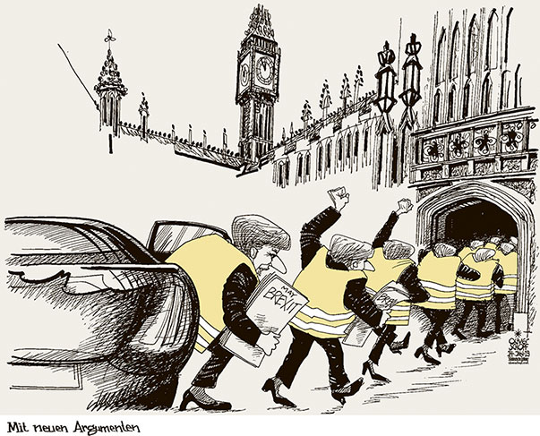 Oliver Schopf, politischer Karikaturist aus Österreich, politische Karikaturen, Illustrationen Archiv politische Karikatur Europa Great Britain UK England Schottland Irland Brexit 2019 GROSSBRITANNIEN BREXIT THERESA MAY PARLAMENT UNTERHAUS ABSTIMMUNG PROTEST GELBWESTEN
