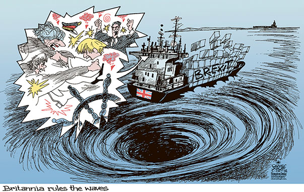  
Oliver Schopf, editorial cartoons from Austria, cartoonist from Austria, Austrian illustrations, illustrator from Austria, editorial cartoon
Cartoon Arts International, New York Times Syndicate, Cagle cartoon Europe Great Britain Brexit 2018 GREAT BRITAIN BREXIT CONSERVATIVES TORIES PARTY CONFERENCE BIRMINGHAM MAY JOHNSON CONTAINER SHIP VESSEL SEA WHIRLPOOL BRITANNIA RULES THE WAVES

