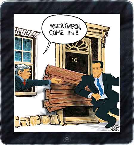 Oliver Schopf, editorial cartoons from Austria, cartoonist from Austria, Austrian illustrations, illustrator from Austria, editorial cartoon politics politician Europe 2010: great britain elections downing street number 10 brown cameron iPad


